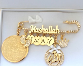 Pin de cochecito chapado en oro de 18 quilates, regalo personalizado para recién nacido, pin para bebé, regalo de nacimiento, pin musulmán Mashallah Ayatul Kursi Allah