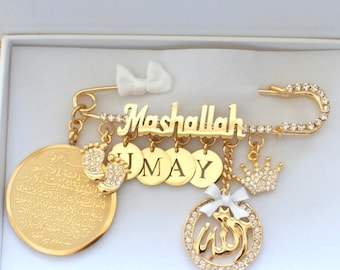 18k vergulde wandelwagen pin pasgeboren gepersonaliseerd cadeau Baby pin Geboortecadeau Mashallah Ayatul Kursi Allah moslim pin