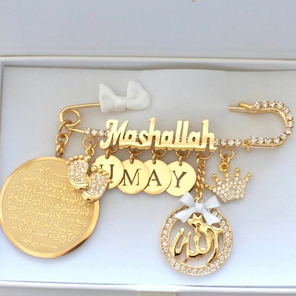 Broche de poussette plaquée or 18 carats cadeau personnalisé nouveau-né broche bébé cadeau de naissance Mashallah Ayatul Kursi Allah broche musulmane