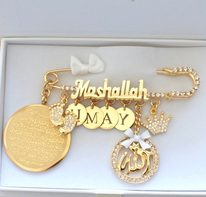 18k gold plated stroller pin newborn personalized gift Baby pin Geburtsgeschenk Mashallah Ayatul Kursi Allah muslim pin Bild 1