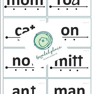 Op de afbeelding: Een set flashcards met zwart-wit illustraties van woorden zoals "mom", "rod", "cat", "on", "no", "mitt", "ant" en "man". Elke kaart heeft een zwarte lijn met stippen onder het woord, en de woorden zijn in een rasterpatroon gerangschikt.