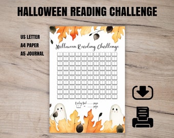 ハロウィーン読書チャレンジ 印刷可能、100 冊と 25 冊の本、ページ トラッカー、ブック プランナー、読書ログ塗り絵ページ A4、A5 ジャーナル、US レター