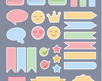 May include: A set of colorful printable planner stickers featuring to-do lists, speech bubbles, emojis, stars, check marks, ribbons, and a crown.