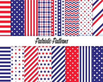 Patriotic digital paper pack - blue and red stars and stripes pattern - Downloadable American scrapbook paper 4th of July - soldier craft