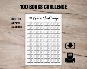 100 冊の本のチャレンジの印刷可能なトラッカー、読書本のテンプレート、読書ログの塗り絵 A4、A5 ジャーナル、US レター、ブック プランナー