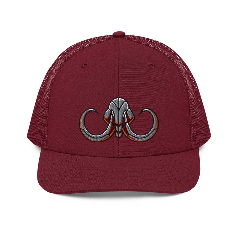 May include: A maroon trucker hat with a grey and red embroidered mammoth head design.