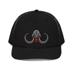 May include: Black trucker hat with a grey and red embroidered mammoth head design.