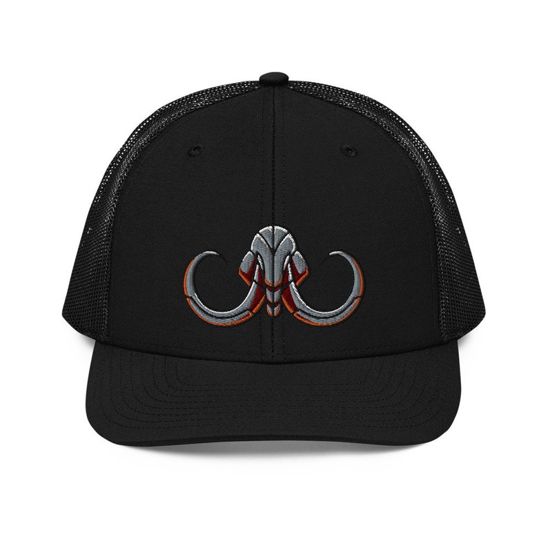 May include: Black trucker hat with a grey and red embroidered mammoth head design.