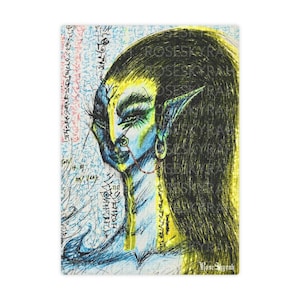 May include: A colourful drawing of a person with long black hair, blue and green skin, and a yellow and blue outfit. The drawing is on a white background with scribbled text.
