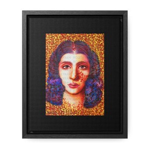 May include: A framed painting of a woman with long dark hair and a red and blue patterned design on her face. The background is a yellow and gold pattern.