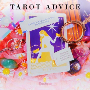 May include: A tarot card reading with The Star card, a purple card with a woman pouring water from two jars, a yellow star, and the text "An artist is not paid for his labor but for his vision." and "Steadiness comes from character and commitment."
