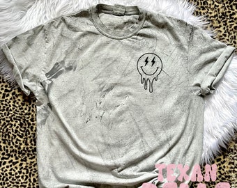 Over Caffeinated Mom&#39;s Club, Graphic Tee, Comfort Colors, Drippy Smiley, T-shirt, Oversized, Front and Back Design, Pocket Design, Mom Shirt