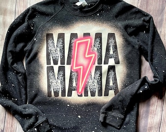 Mama Sweatshirt, Neon, Dark Gray, Heather Black, Distressed, Bleached Sweatshirt, Gift, Mom Sweatshirt