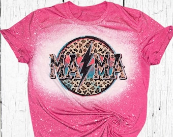 Mama Bleached Shirt Pink Leopard Lightening Bolt Mom Shirt