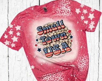 Camiseta blanqueada de Small Town USA, camiseta con estrellas de leopardo, camiseta patriótica del 4 de julio