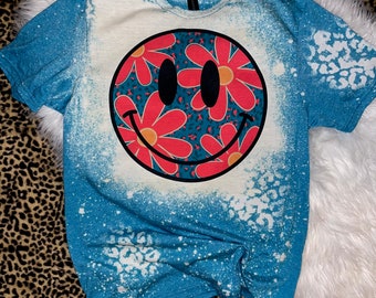 Smiley Face, Daisy, Bleached Shirt, Tee, Graphic Tee, T-shirt, Summer Shirt, Leopard, Cheetah Print, Wear To Pool, Lake, Beach, Summer Vibes