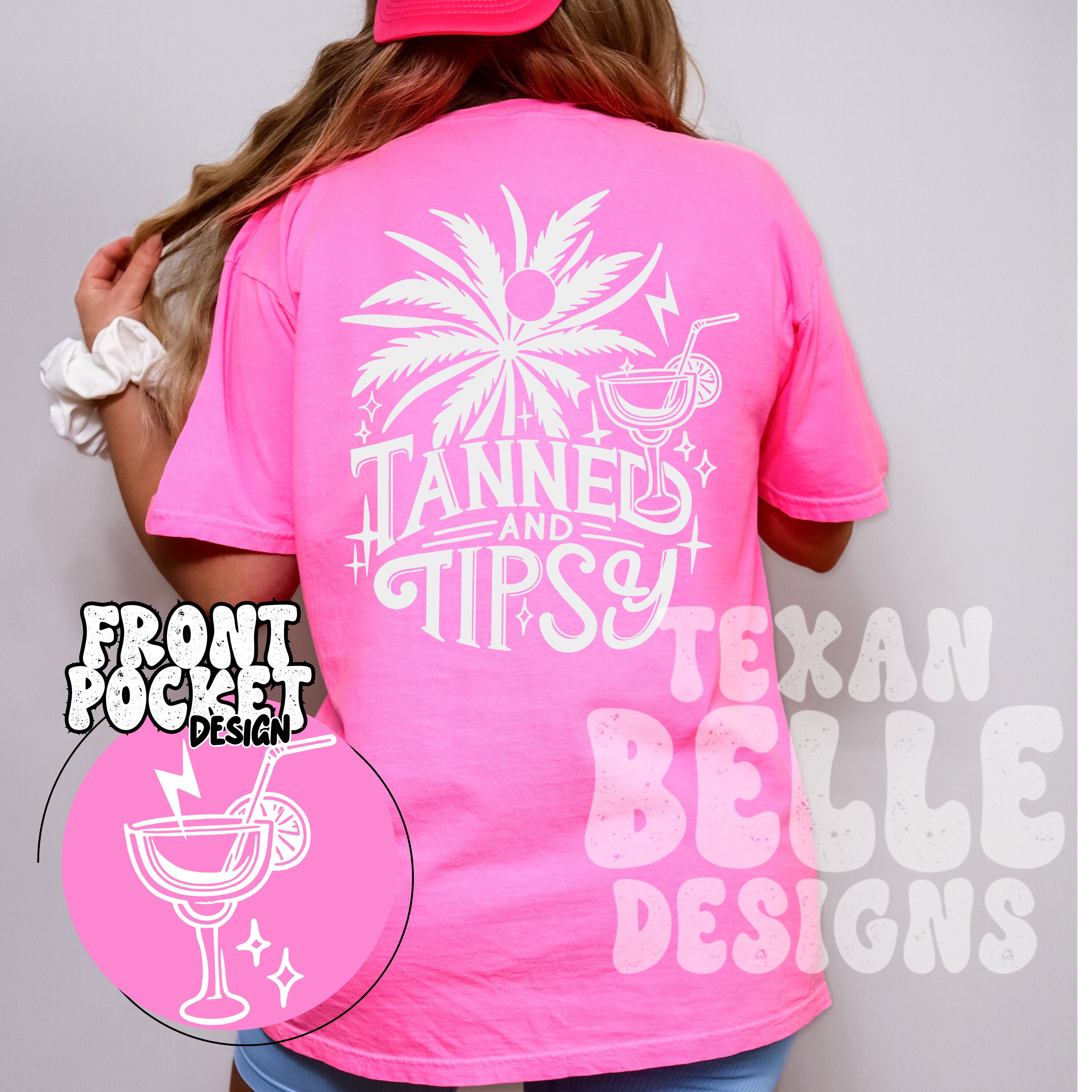 Tanned & Tipsy, T-shirt, Graphic Tee, Summer, Tanning, Pool, Beach, Lake, Pink, Pocket Design, Comfort Colors, Oversized