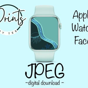 May include: A digital download of an Apple Watch face with a blue and green abstract design featuring a jellyfish and starfish. The text "JPEG" is written below the watch face.