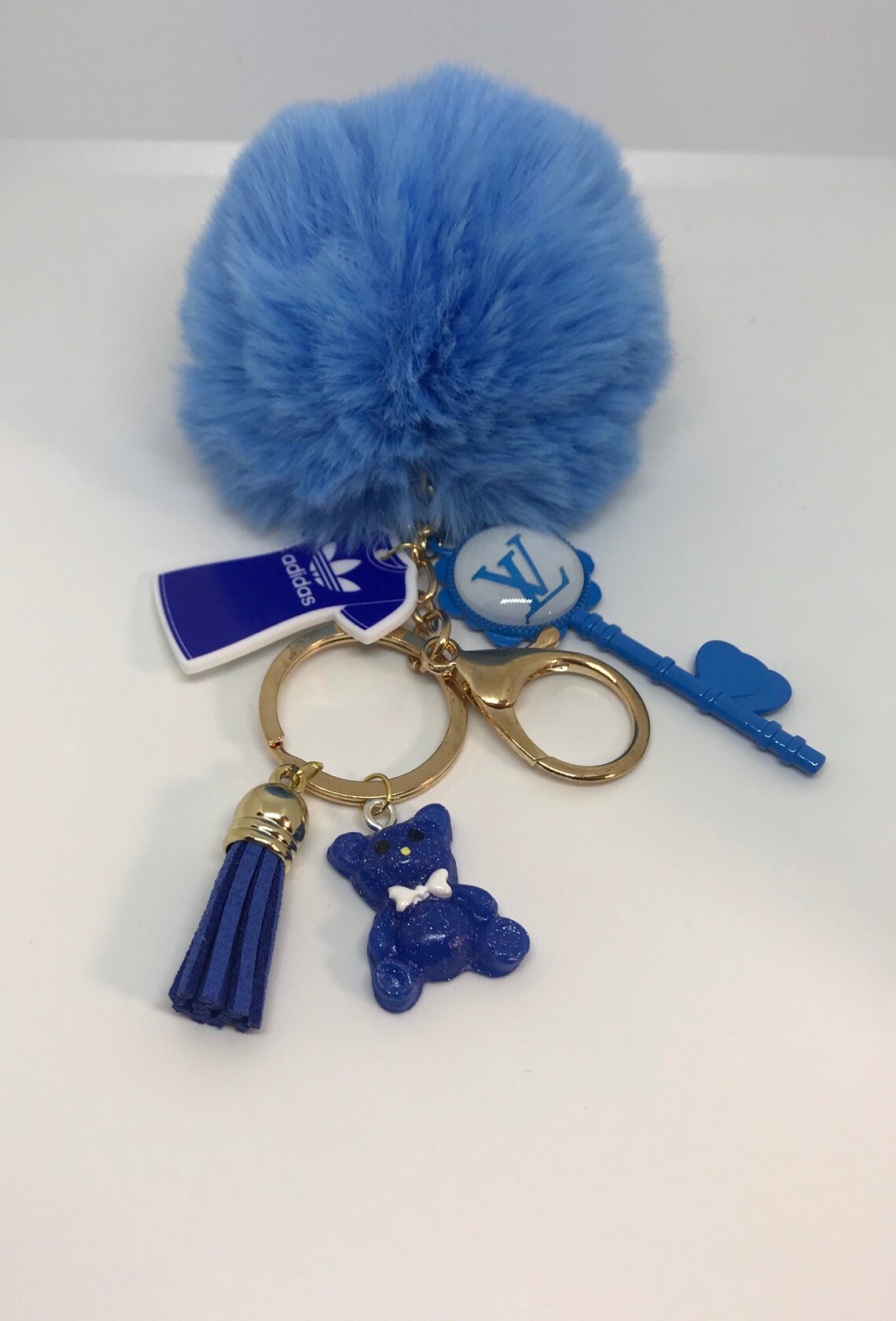 Blue Pom Pom Keychain with Charms Etsy