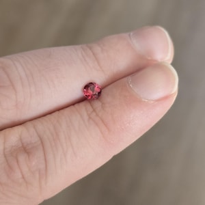 Może przedstawiać: Mały, okrągły, fasetowany kamień szlachetny o głębokim, czerwonoróżowym odcieniu. Klejnot trzymany jest między dwoma palcami, ukazując jego rozmiar i kolor na neutralnym tle. Kamień wydaje się być cennym.
