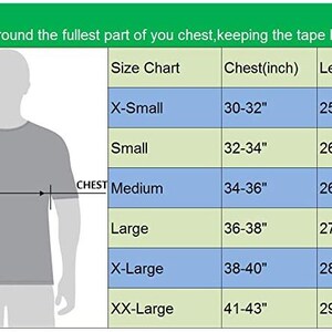 May include: Size chart for a t-shirt with measurements in inches for chest and length. The chart shows sizes from X-Small to XX-Large.