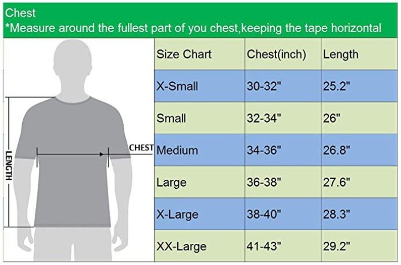 May include: Size chart for a t-shirt with measurements in inches for chest and length. The chart shows sizes from X-Small to XX-Large.