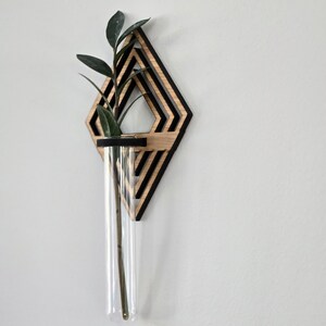 May include: A wooden geometric wall planter with a black trim and a glass test tube for holding a small plant. The planter is in the shape of a diamond with overlapping layers.