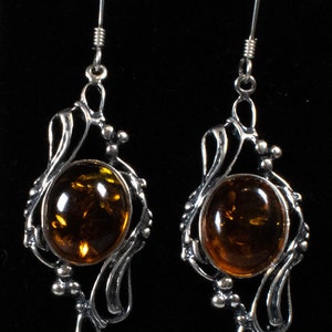Vintage Sterling Silver Dangle Earrings With Veined Orange Stone Surrounded By Open Detailing!