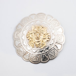 Vintage Sterling Silver Scalloped Mayan/Aztec Pendant with 18k Gold Mask!