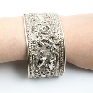 Vintage Sterling Silver Wide Ornate Cuff Bracelet Featuring Mythical Creatures! [Size 7.5&quot;]