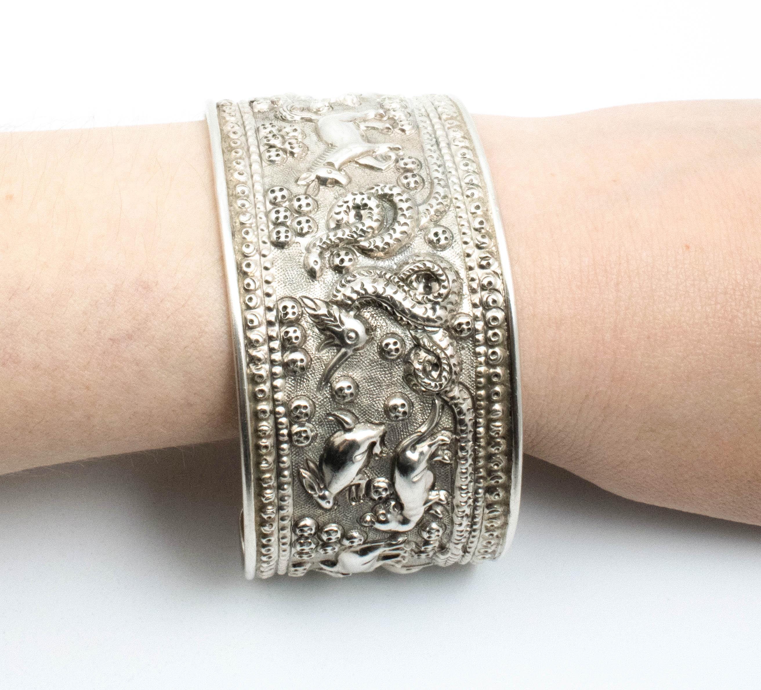 Vintage Sterling Silver Wide Ornate Cuff Bracelet Featuring