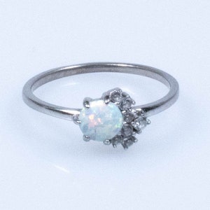 Vintage Sterling Silver Light Band with Opal with Small Diamond Cluster Atop! Crown Like! [Size 5.75 US]