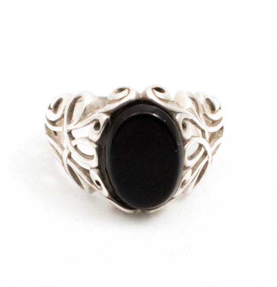 VINTAGE silver ring - black onyx 16号 Vintage Sterling Silver Black Onyx Ornate Openwork Scroll Ring