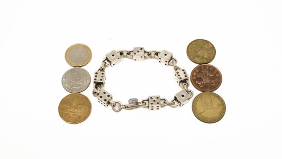 Vintage Sterling Silver Chunky Dice Chain Bracelet! [size 7