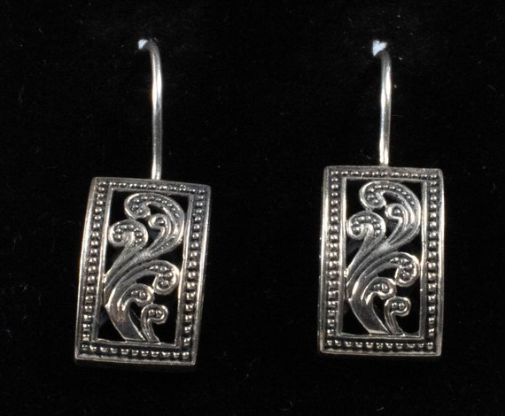 Vintage Sterling Silver Rectangular 3D Drop Earri… - image 1