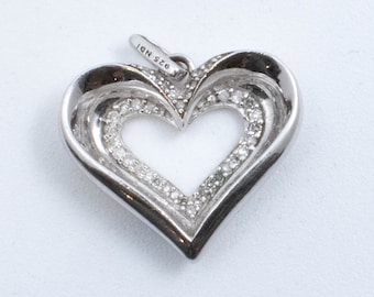 Vintage Sterling Silver Indented Heart With Diamonds (CZ) Pendant!