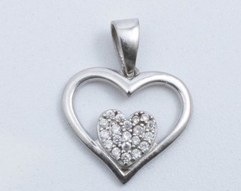 Vintage Sterling Silver Little Heart with Diamonds (CZ) Perched in a Big Heart Pendant!