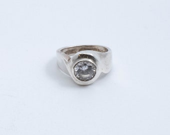 Vintage Sterling Silver Thick Band With Bezel Set Diamond Ring! [Size 5.5 US]