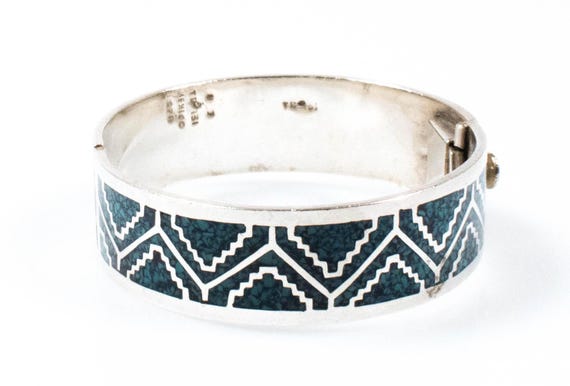 Vintage Sterling Silver Aztec Geometric Dark Blue Turquoise Inlay