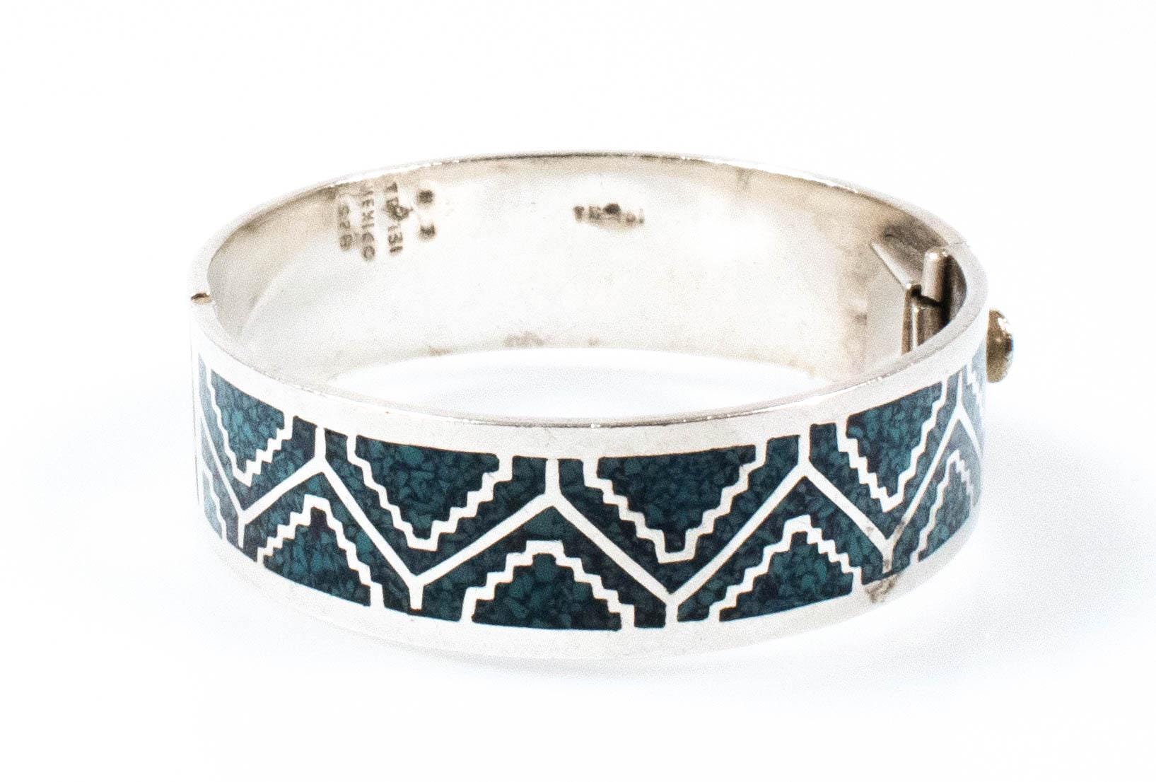 Vintage Sterling Silver Aztec Geometric Dark Blue Turquoise Inlay