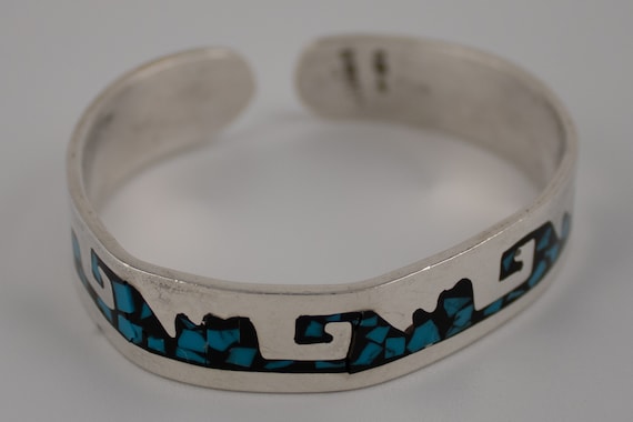 Sterling Silver Vintage Open Ended Wave Turquoise Bangle [size