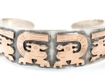 Vintage Sterling Silver & 18K Gold Incan Cuff Bracelet Made in Peru by LAFFI! [Size 5.75"]