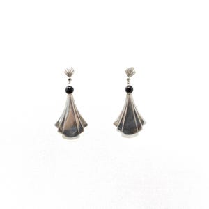 Vintage Sterling Silver Art Deco Fan Drop Earrings with Black Stone!