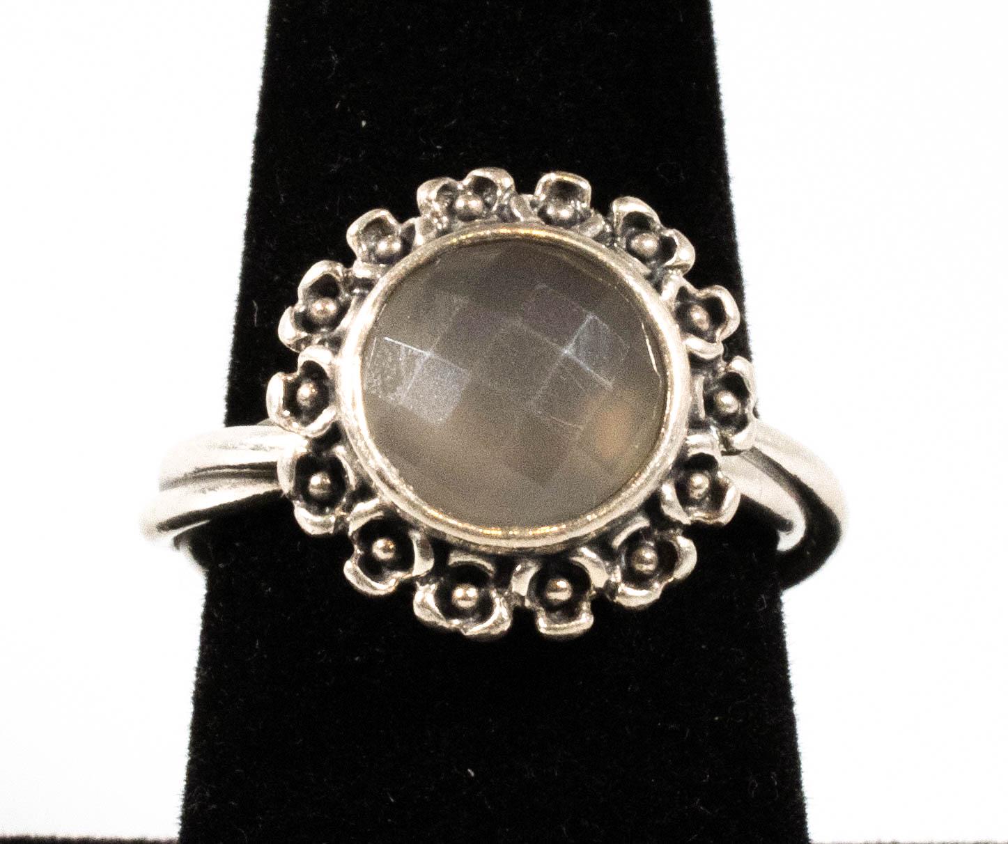 Vintage Sterling Silver Pandora Grey Faceted Stone Floral Twisted Band Ring! [Size 7.5 US]
