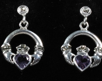 Vintage Sterling Silver Claddagh Dangle Earrings With Amethyst In Heart!