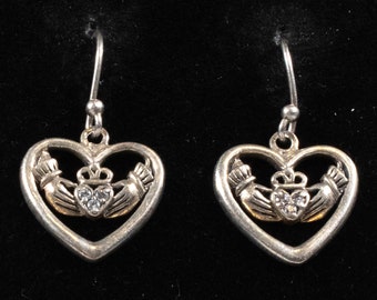 Vintage Sterling Silver Claddagh Heart Dangle Earrings!