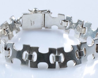 Vintage Sterling Silver Large Puzzle Piece Bracelet! Made in Mexico! [Size 7.75"]