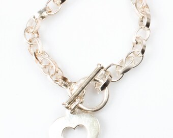Vintage Sterling Silver Heart Charm Oval Link Toggle Bracelet! [Size 6.75"]