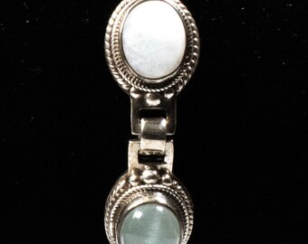 Vintage Sterling Silver Ornate Moonstone and Seafoam Link Bracelet! Made in Nepal! [Size 7.25"]