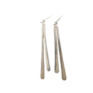 Pu&ograve; includere: Un paio di orecchini pendenti color argento. Ogni orecchino presenta un lungo design sottile a forma di goccia. Gli orecchini pendono da un semplice gancio. Lo sfondo &egrave; bianco.